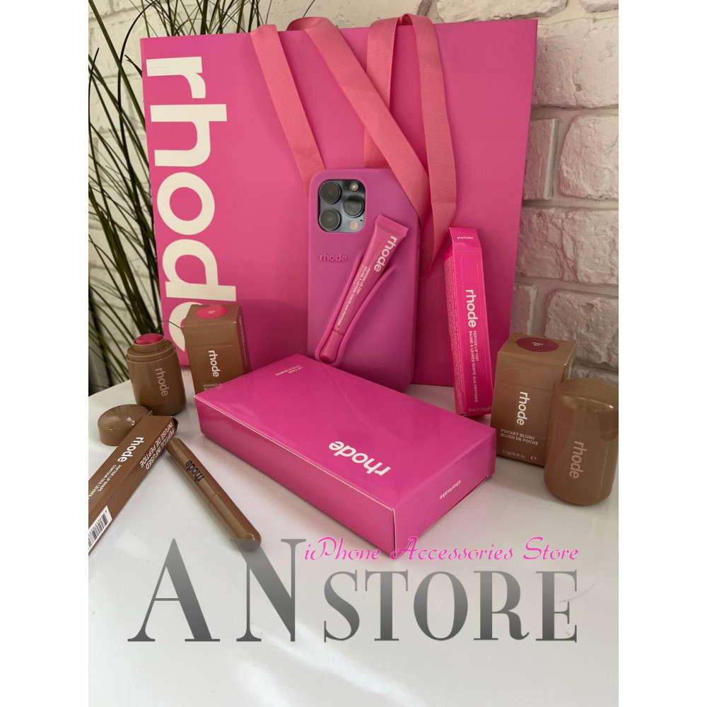 Подарочный набор Rhode Shortcake розовый: чехол для iPhone, блеск, карандаш и румяна